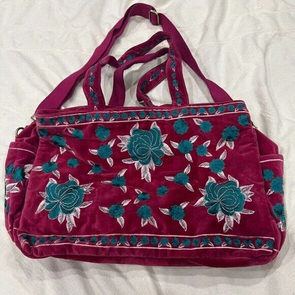 Anthropologie Floral Velvet Weekender Bag Pink Blue Embroidered NEW - Picture 4 of 15